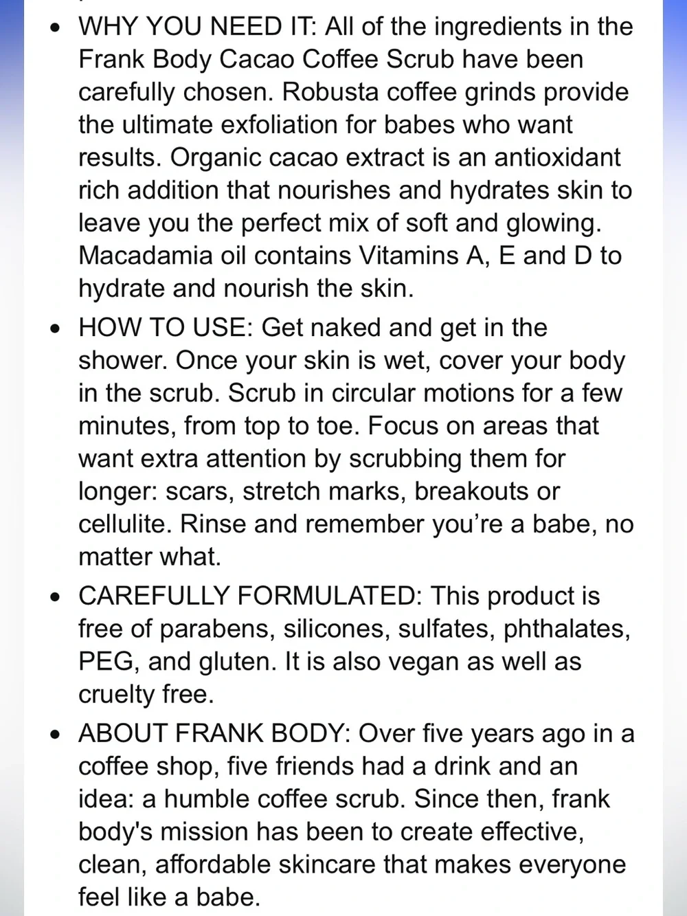 Organic Gommage Frank Body Cacao Coffee Scrub Chocolate NEW
